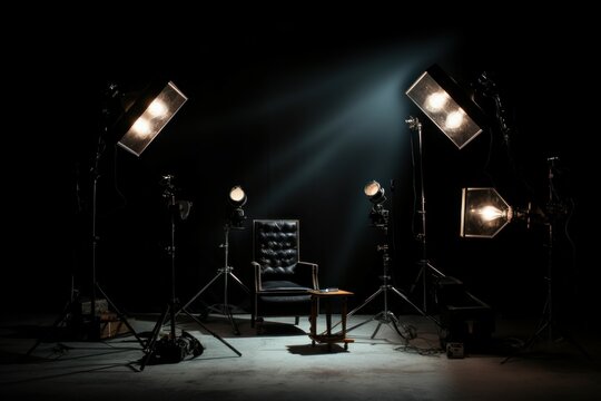 Studio lighting room isolated on black background with leather chair. Industry room spot film. Generate Ai