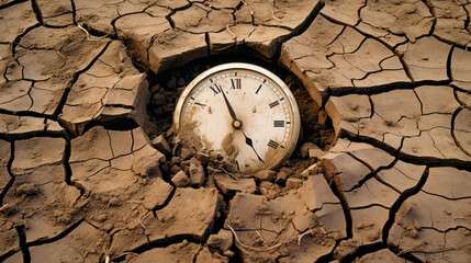 Clock in cracked dry earth