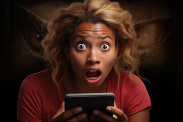 A woman with a surprised expression on her face as she looks at her cell phone. This image can be used to depict shock, surprise, or disbelief when receiving unexpected news or information.
