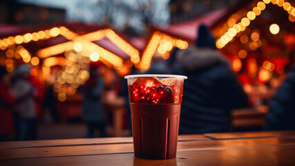 Hot chocolate with cherry on the background of the Christmas market. Toned.
