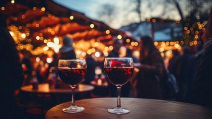 Two glasses of red wine on the background of the Christmas market.