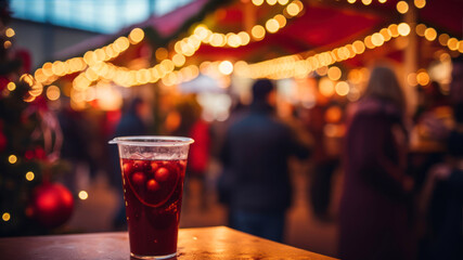 Mulled wine in a glass on the background of a Christmas market - obrazy, fototapety, plakaty