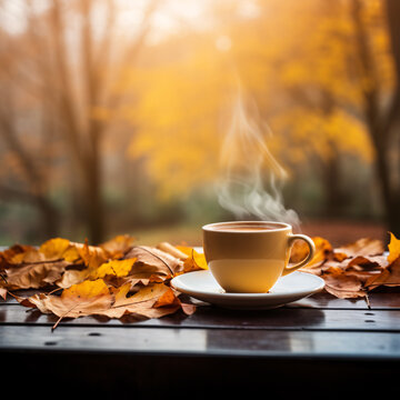 A cup of coffee on a table with autumn leaves fall background