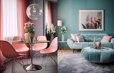 a bedroom, living room and dining room in pastel colors, in the style of turquoise, organic modernism, dark pink and light azure,