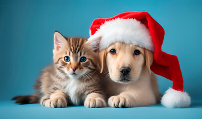 Fototapeta na wymiar Labrador puppy and gray kitten in a Santa Claus hat on a blue background, bokeh. New Year card