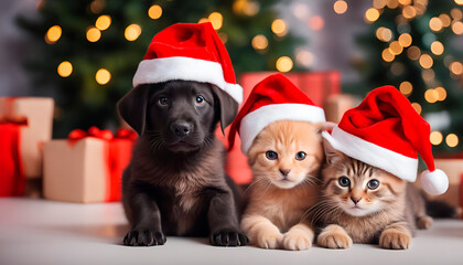 Fototapeta na wymiar Labrador puppy and two kitten in a Santa Claus hat on a blue background, bokeh, confetti. New Year card