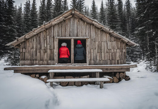 Woman in outerwear sitting on bench near windows and looking away inside lumber hut on winter day in valley of the ghosts in monts valin national park in quebec, canada