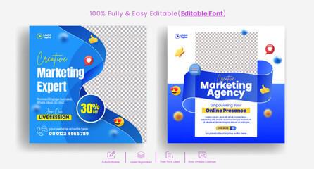Editable Digital marketing agency social media posts banner ads design, corporate business promotional facebook post and instagram post template with colourful creative gradient layout design