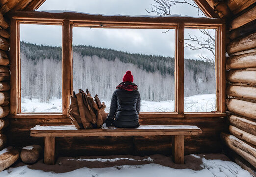 Woman in outerwear sitting on bench near windows and looking away inside lumber hut on winter day in valley of the ghosts in monts valin national park in quebec, canada