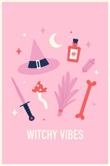Witchy vibes greeting card. Halloween illustration