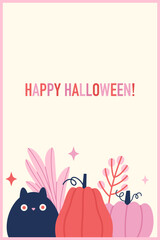 Happy Halloween greeting card. Cat and pumpkins.