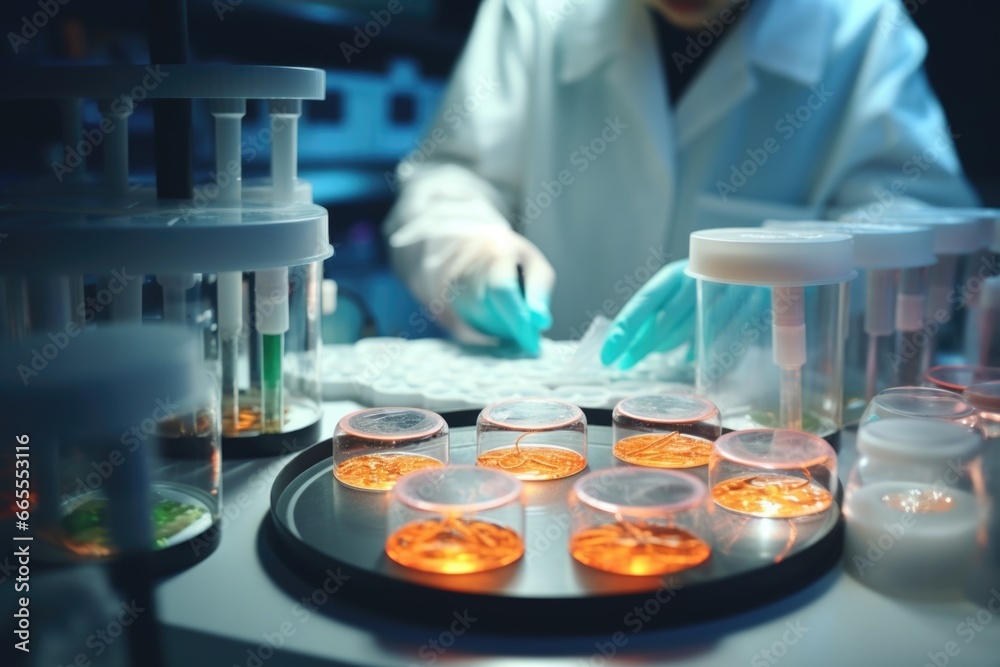 Poster A person in a lab coat and gloves is working in a laboratory. This image can be used to illustrate scientific research, experimentation, or medical discoveries