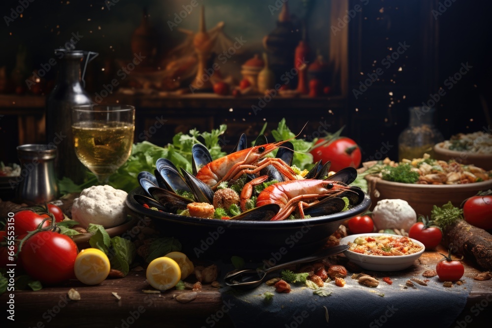 Poster a table filled with a variety of different types of food. perfect for food lovers or anyone looking 