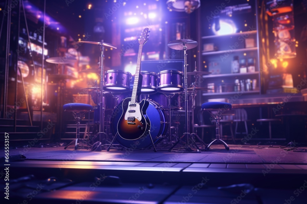 Aufkleber a musical instrument is placed on a stage in a dimly lit room. this image can be used to represent a