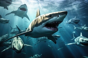 Fototapeta premium A large group of sharks swimming together in the vast ocean. This image can be used to depict marine life, biodiversity, or the beauty of nature