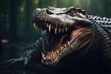 Obraz premium A close-up view of a large alligator with its mouth wide open. 