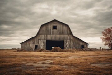 A picture of a barn with hay in a field, captured under a cloudy sky. Perfect for agricultural or rural-themed projects