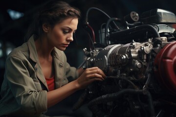 A woman is shown working on an engine in a garage. This image can be used to depict automotive repairs or maintenance