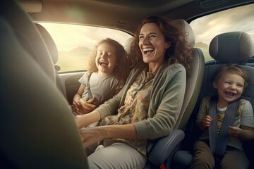 A woman is seen sitting in a car with two children. This image can be used to illustrate family travel, road trips, or car safety