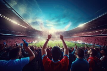 A crowd of people gathered together, watching a thrilling soccer game. Perfect for sports events, fan culture, and team support - obrazy, fototapety, plakaty