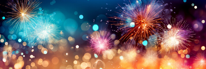 Fototapeta premium Fireworks with blur milky way background