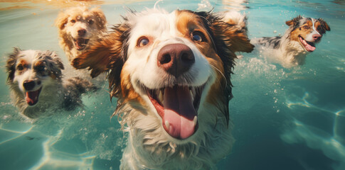 Dogs swimming and playing under water