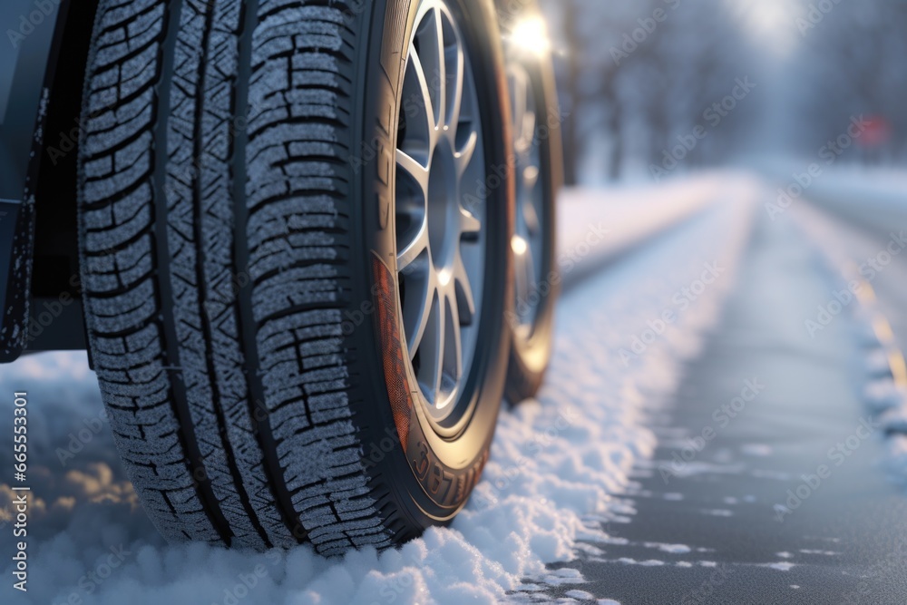 Poster a close up view of a tire on a snowy road. this image can be used to depict winter driving condition