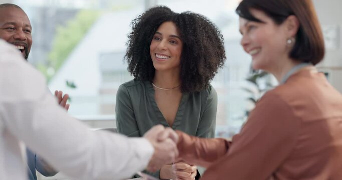 Meeting, handshake and business people in office with thank you, welcome or hiring success, deal or negotiation. Collaboration, growth or b2b team shaking hands in partnership, teamwork or onboarding