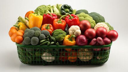 Bountiful basket of fresh agricultural market products showcased on a clean background, a vibrant display of nature's harvest