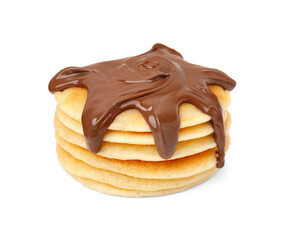 Stack of tasty pancakes with chocolate spread isolated on white