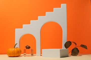 Autumn presentation for product. Geometric figures, branch, acorn and pumpkin on color background