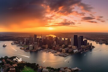 Sunrise over Sydney CBD with major landmarks, symbols, and colorful waterfront on a canvas....