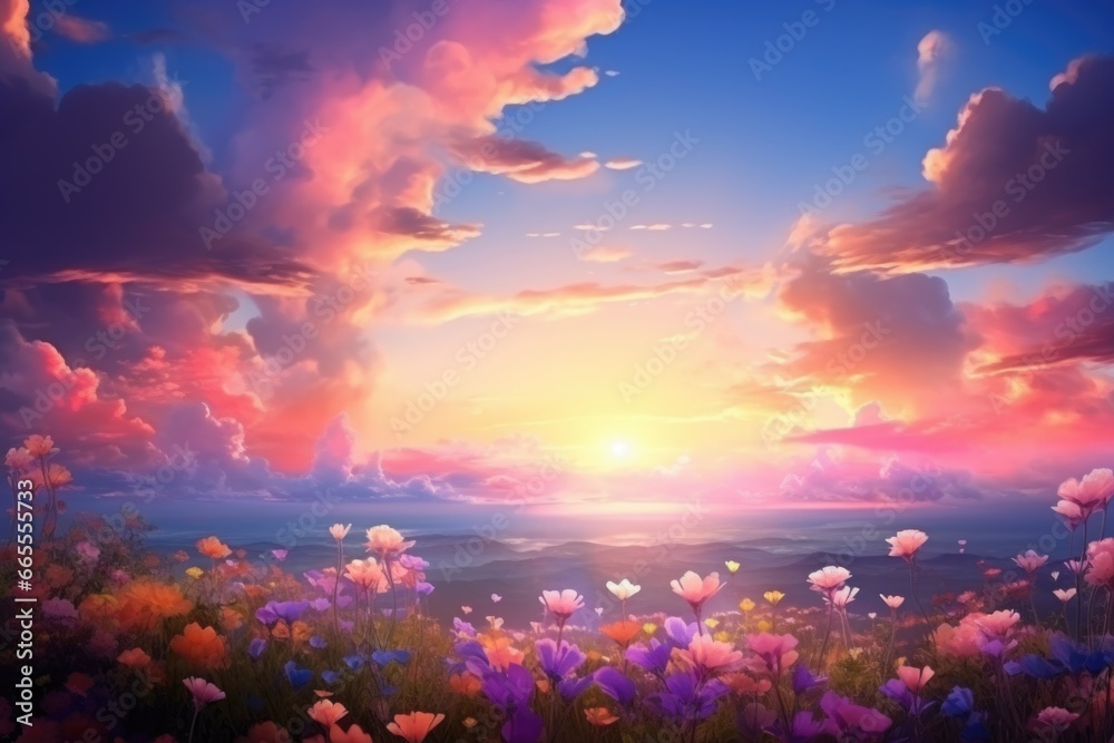 Poster a picturesque scene of a field filled with colorful flowers, with a stunning sunset in the backgroun