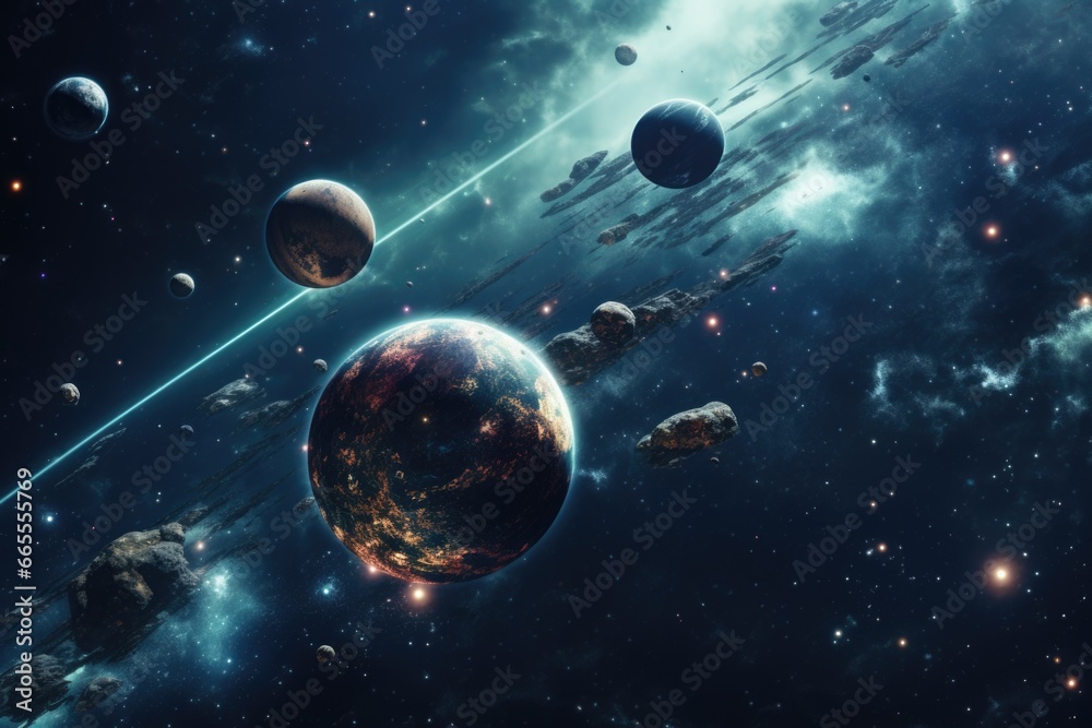 Aufkleber A group of planets in the sky with a shining star in the background. This image can be used to depict a celestial scene or to represent the vastness and beauty of the universe.