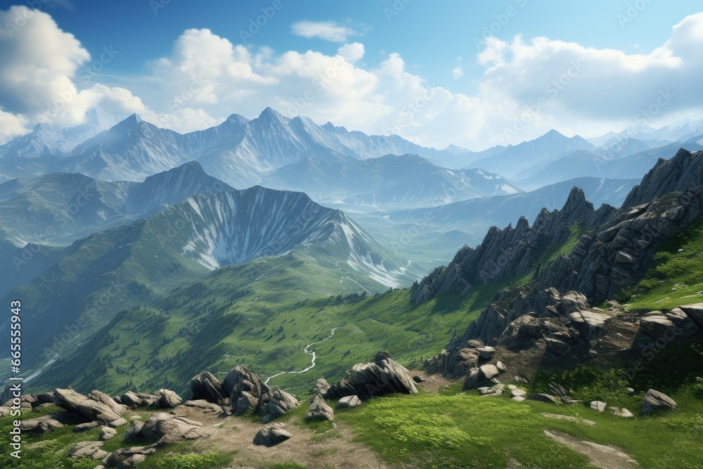 Poster a picturesque view of a mountain range with rocks and grass. perfect for nature and landscape enthus