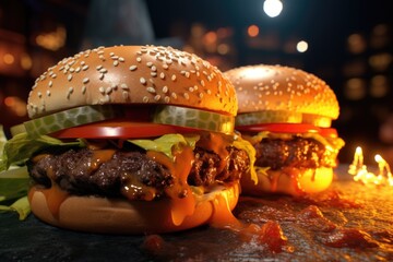 A picture of two hamburgers with fresh lettuce, juicy tomato slices, and melted cheese on top....