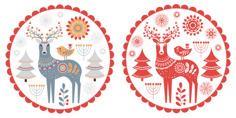 Deer with a small chick, сhristmas trees, snowflakes, flowers. Christmas emblem, postcard. Scandinavian style. Folk art.
