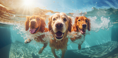 Dogs swimming and playing under water