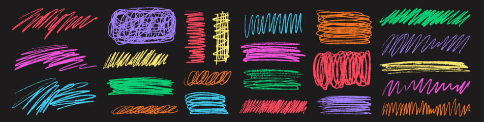 Colorful charcoal scribble stripes and paint shapes. Children's crayon or marker doodle rouge handdrawn scratches. Vector illustration of horizontal waves, squiggles in marker sketch style.	
