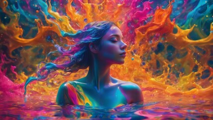 Woman with colorful water splash effect 