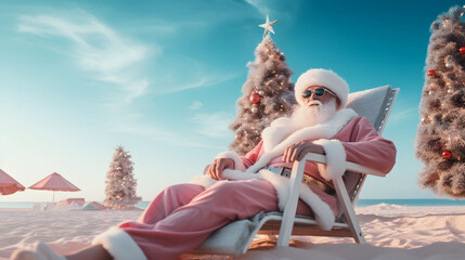 New Year's Eve in the tropical regions, Santa Claus on the beach. Summer Christmas Illustration
