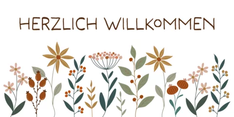 Fotobehang Herzlich Willkommen - Schriftzug in deutscher Sprache. Grußbanner mit hübschen Blumen. © Artlanes