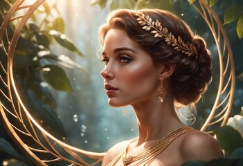 a close up of a woman in a golden dress with gold accents with golden floral crown, female in green garden scene with golden helix circle on intricate background, wearing crown with floral shape - obrazy, fototapety, plakaty