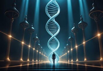 Man stands in front of giant DNA strands symbol in futuristic hall. Double helix. Scientific illustration. Biotechnology, bio engineering concept. Genetic and Medical Research with Molecular Structure - obrazy, fototapety, plakaty
