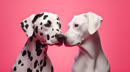 Dalmatians couple in a pet relationship. Cute two dogs hug each other, a symbol of love. Animal concept. Valentine's Day. Pastel pink background. - obrazy, fototapety, plakaty