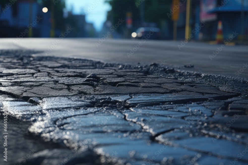 Poster a picture of a street with a noticeable pothole in the middle. this image can be used to depict infr