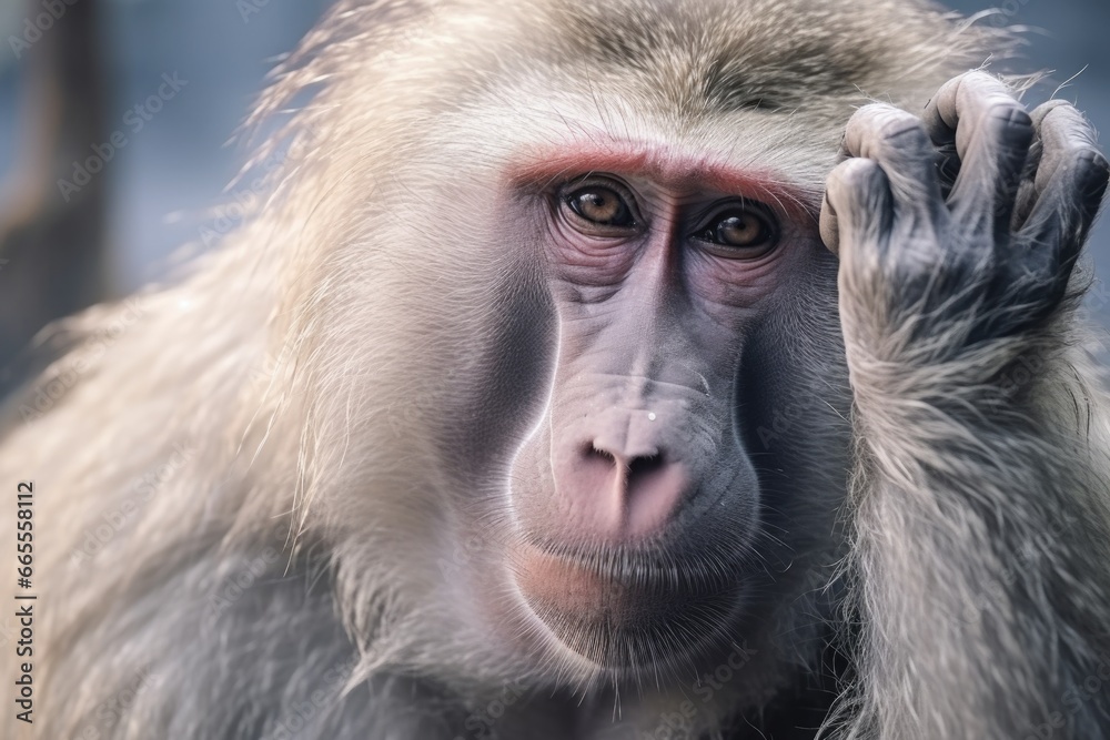 Aufkleber a detailed close-up view of a monkey's face and hands. this image can be used to depict wildlife, pr