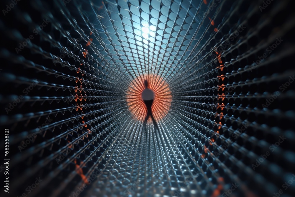 Aufkleber A close-up view of a metal structure with a person standing inside. This image can be used to depict concepts such as strength, industrialization, or teamwork.