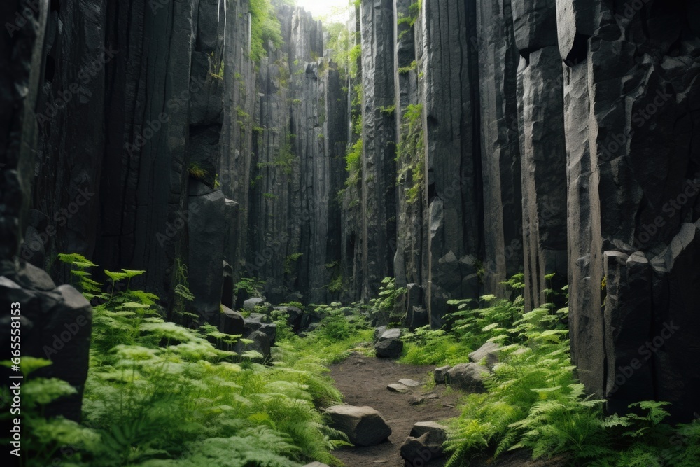 Poster a picturesque view of a dense forest filled with tall trees. this image can be used to depict the be