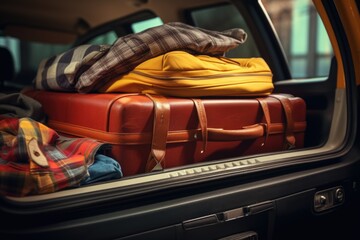 A car filled with lots of luggage, ready for a trip. Perfect for travel-related designs and concepts.